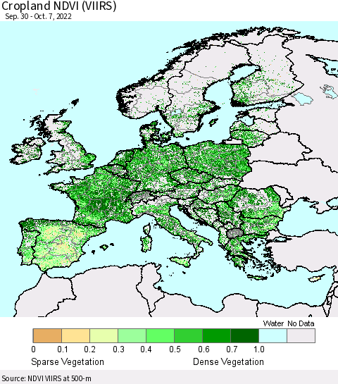Europe Cropland NDVI (VIIRS) Thematic Map For 9/30/2022 - 10/7/2022