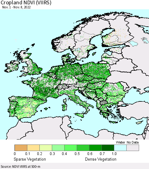 Europe Cropland NDVI (VIIRS) Thematic Map For 11/1/2022 - 11/8/2022