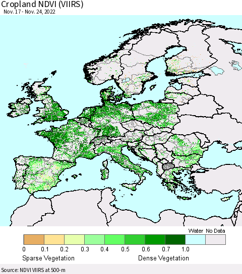 Europe Cropland NDVI (VIIRS) Thematic Map For 11/17/2022 - 11/24/2022