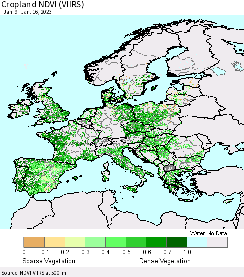 Europe Cropland NDVI (VIIRS) Thematic Map For 1/9/2023 - 1/16/2023