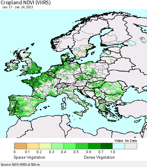 Europe Cropland NDVI (VIIRS) Thematic Map For 1/17/2023 - 1/24/2023