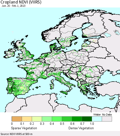 Europe Cropland NDVI (VIIRS) Thematic Map For 1/25/2023 - 2/1/2023