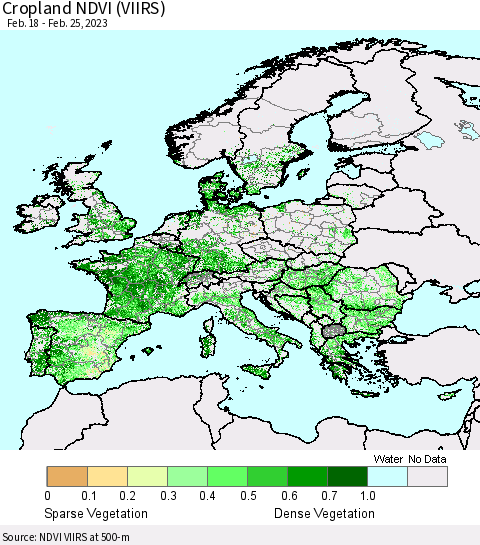 Europe Cropland NDVI (VIIRS) Thematic Map For 2/18/2023 - 2/25/2023