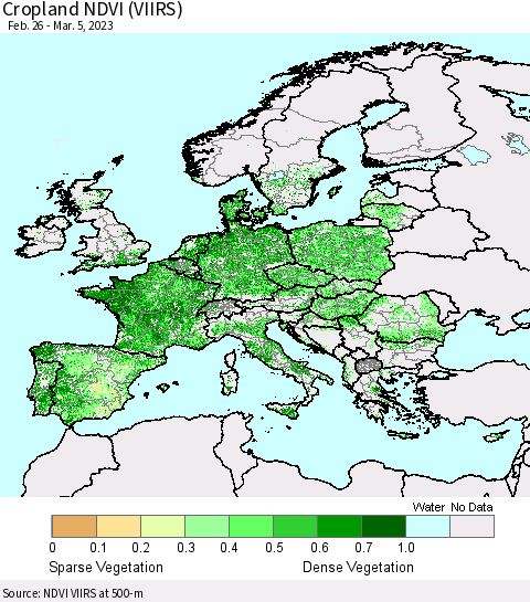 Europe Cropland NDVI (VIIRS) Thematic Map For 2/26/2023 - 3/5/2023