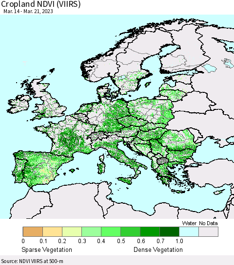 Europe Cropland NDVI (VIIRS) Thematic Map For 3/14/2023 - 3/21/2023