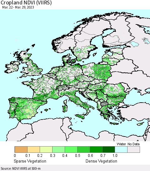 Europe Cropland NDVI (VIIRS) Thematic Map For 3/22/2023 - 3/29/2023