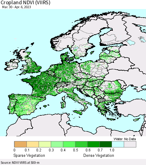 Europe Cropland NDVI (VIIRS) Thematic Map For 3/30/2023 - 4/6/2023