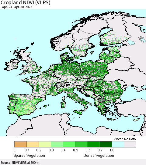 Europe Cropland NDVI (VIIRS) Thematic Map For 4/23/2023 - 4/30/2023