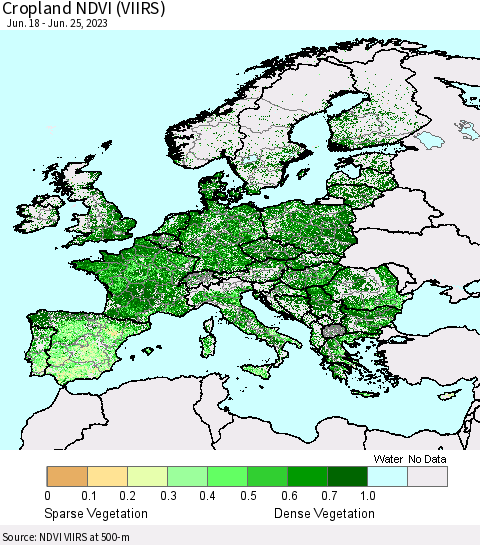 Europe Cropland NDVI (VIIRS) Thematic Map For 6/18/2023 - 6/25/2023