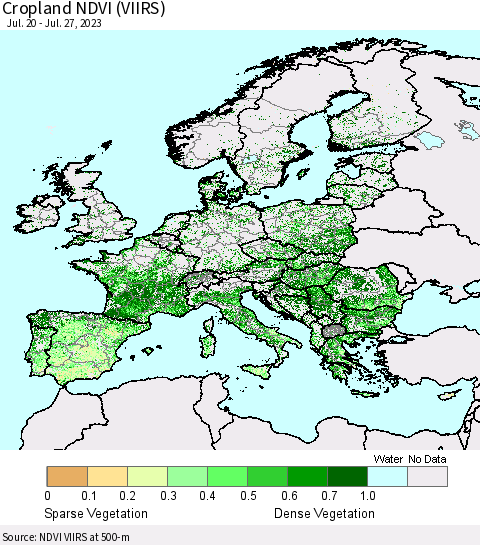 Europe Cropland NDVI (VIIRS) Thematic Map For 7/20/2023 - 7/27/2023