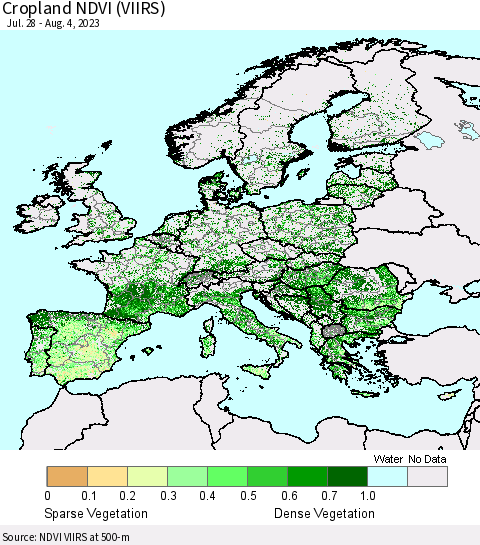 Europe Cropland NDVI (VIIRS) Thematic Map For 7/28/2023 - 8/4/2023