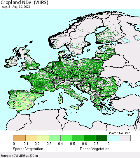 Europe Cropland NDVI (VIIRS) Thematic Map For 8/5/2023 - 8/12/2023