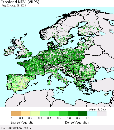 Europe Cropland NDVI (VIIRS) Thematic Map For 8/21/2023 - 8/28/2023