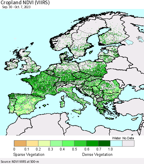Europe Cropland NDVI (VIIRS) Thematic Map For 9/30/2023 - 10/7/2023