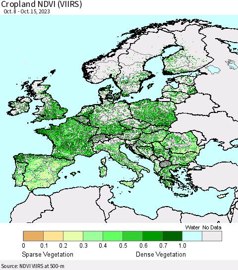 Europe Cropland NDVI (VIIRS) Thematic Map For 10/8/2023 - 10/15/2023