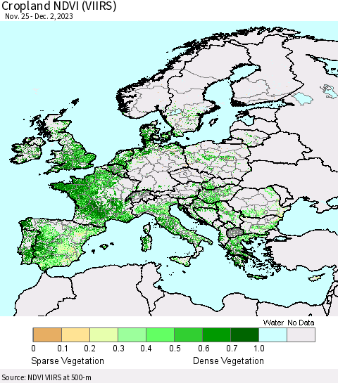 Europe Cropland NDVI (VIIRS) Thematic Map For 11/25/2023 - 12/2/2023