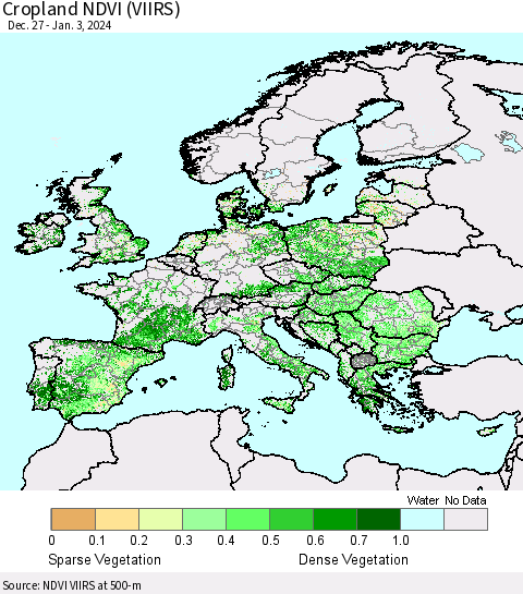 Europe Cropland NDVI (VIIRS) Thematic Map For 12/27/2023 - 1/3/2024