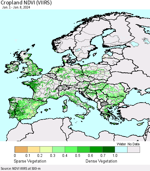 Europe Cropland NDVI (VIIRS) Thematic Map For 1/1/2024 - 1/8/2024