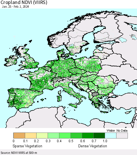 Europe Cropland NDVI (VIIRS) Thematic Map For 1/25/2024 - 2/1/2024