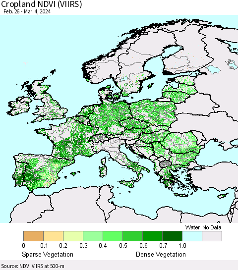 Europe Cropland NDVI (VIIRS) Thematic Map For 2/26/2024 - 3/4/2024