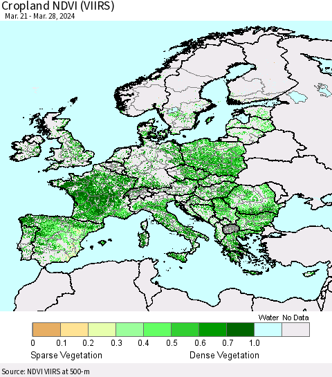 Europe Cropland NDVI (VIIRS) Thematic Map For 3/21/2024 - 3/28/2024