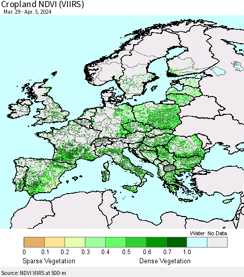 Europe Cropland NDVI (VIIRS) Thematic Map For 3/29/2024 - 4/5/2024