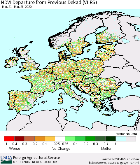 Europe NDVI Departure from Previous Dekad (VIIRS) Thematic Map For 3/21/2020 - 3/31/2020