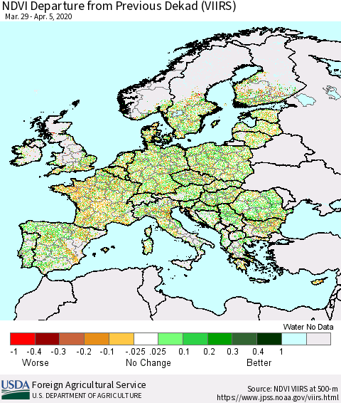 Europe NDVI Departure from Previous Dekad (VIIRS) Thematic Map For 4/1/2020 - 4/10/2020