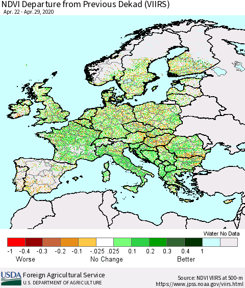 Europe NDVI Departure from Previous Dekad (VIIRS) Thematic Map For 4/21/2020 - 4/30/2020