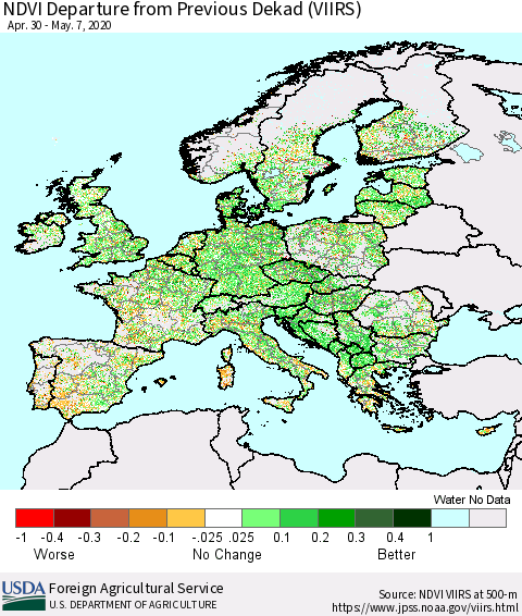 Europe NDVI Departure from Previous Dekad (VIIRS) Thematic Map For 5/1/2020 - 5/10/2020