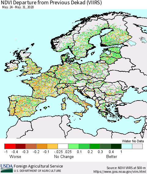 Europe NDVI Departure from Previous Dekad (VIIRS) Thematic Map For 5/21/2020 - 5/31/2020