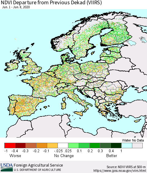 Europe NDVI Departure from Previous Dekad (VIIRS) Thematic Map For 6/1/2020 - 6/10/2020