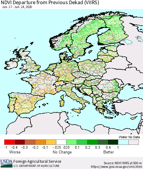 Europe NDVI Departure from Previous Dekad (VIIRS) Thematic Map For 6/21/2020 - 6/30/2020