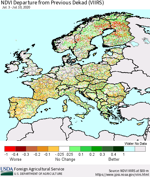 Europe NDVI Departure from Previous Dekad (VIIRS) Thematic Map For 7/1/2020 - 7/10/2020
