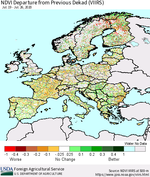 Europe NDVI Departure from Previous Dekad (VIIRS) Thematic Map For 7/21/2020 - 7/31/2020