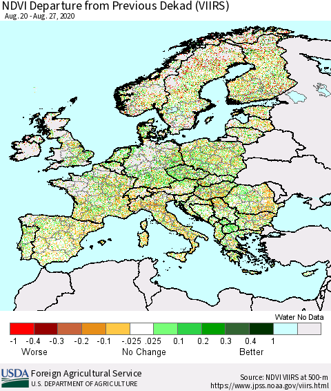 Europe NDVI Departure from Previous Dekad (VIIRS) Thematic Map For 8/21/2020 - 8/31/2020
