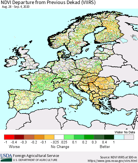 Europe NDVI Departure from Previous Dekad (VIIRS) Thematic Map For 9/1/2020 - 9/10/2020