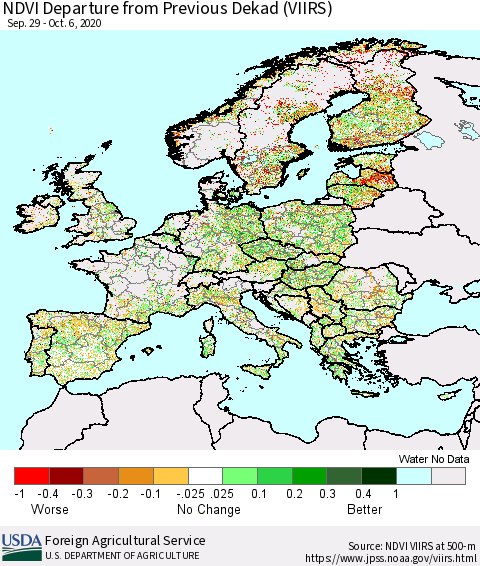 Europe NDVI Departure from Previous Dekad (VIIRS) Thematic Map For 10/1/2020 - 10/10/2020