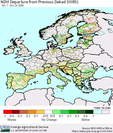 Europe NDVI Departure from Previous Dekad (VIIRS) Thematic Map For 10/11/2020 - 10/20/2020