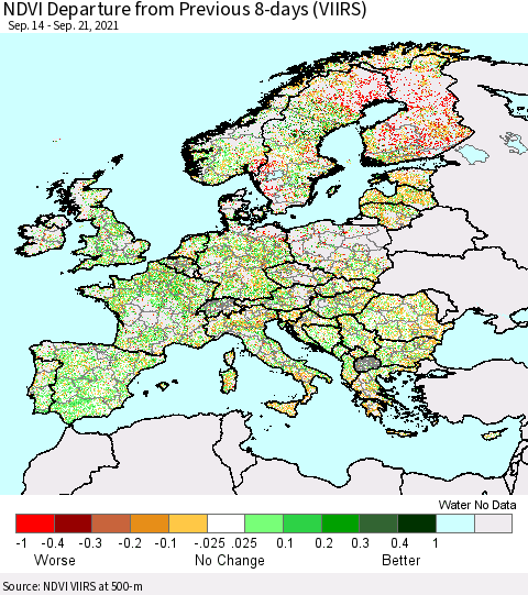 Europe NDVI Departure from Previous 8-days (VIIRS) Thematic Map For 9/14/2021 - 9/21/2021