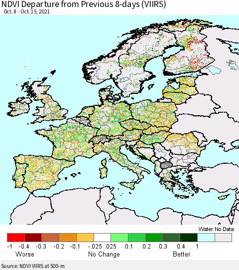 Europe NDVI Departure from Previous 8-days (VIIRS) Thematic Map For 10/8/2021 - 10/15/2021
