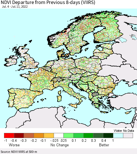 Europe NDVI Departure from Previous 8-days (VIIRS) Thematic Map For 7/4/2022 - 7/11/2022