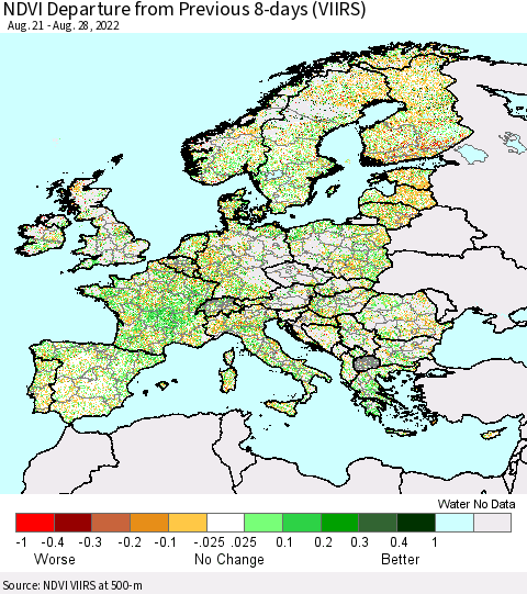 Europe NDVI Departure from Previous 8-days (VIIRS) Thematic Map For 8/21/2022 - 8/28/2022