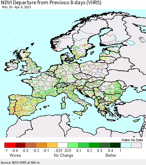 Europe NDVI Departure from Previous 8-days (VIIRS) Thematic Map For 3/30/2023 - 4/6/2023