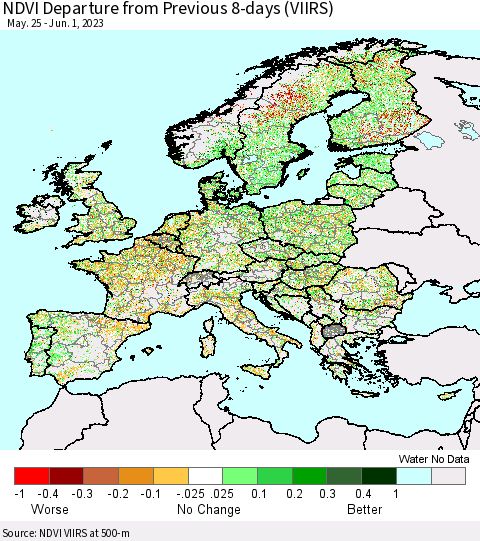 Europe NDVI Departure from Previous 8-days (VIIRS) Thematic Map For 5/25/2023 - 6/1/2023
