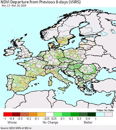 Europe NDVI Departure from Previous 8-days (VIIRS) Thematic Map For 3/13/2024 - 3/20/2024