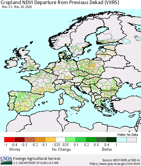 Europe Cropland NDVI Departure from Previous Dekad (VIIRS) Thematic Map For 3/11/2020 - 3/20/2020