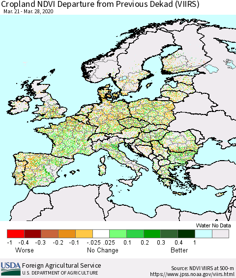 Europe Cropland NDVI Departure from Previous Dekad (VIIRS) Thematic Map For 3/21/2020 - 3/31/2020