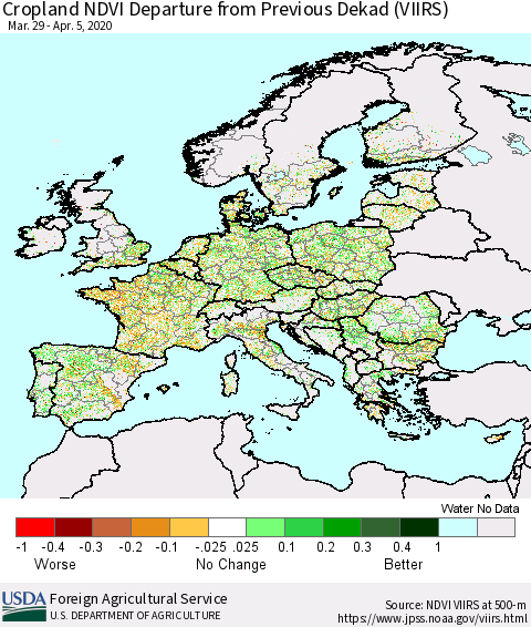 Europe Cropland NDVI Departure from Previous Dekad (VIIRS) Thematic Map For 4/1/2020 - 4/10/2020
