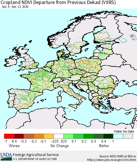 Europe Cropland NDVI Departure from Previous Dekad (VIIRS) Thematic Map For 4/11/2020 - 4/20/2020